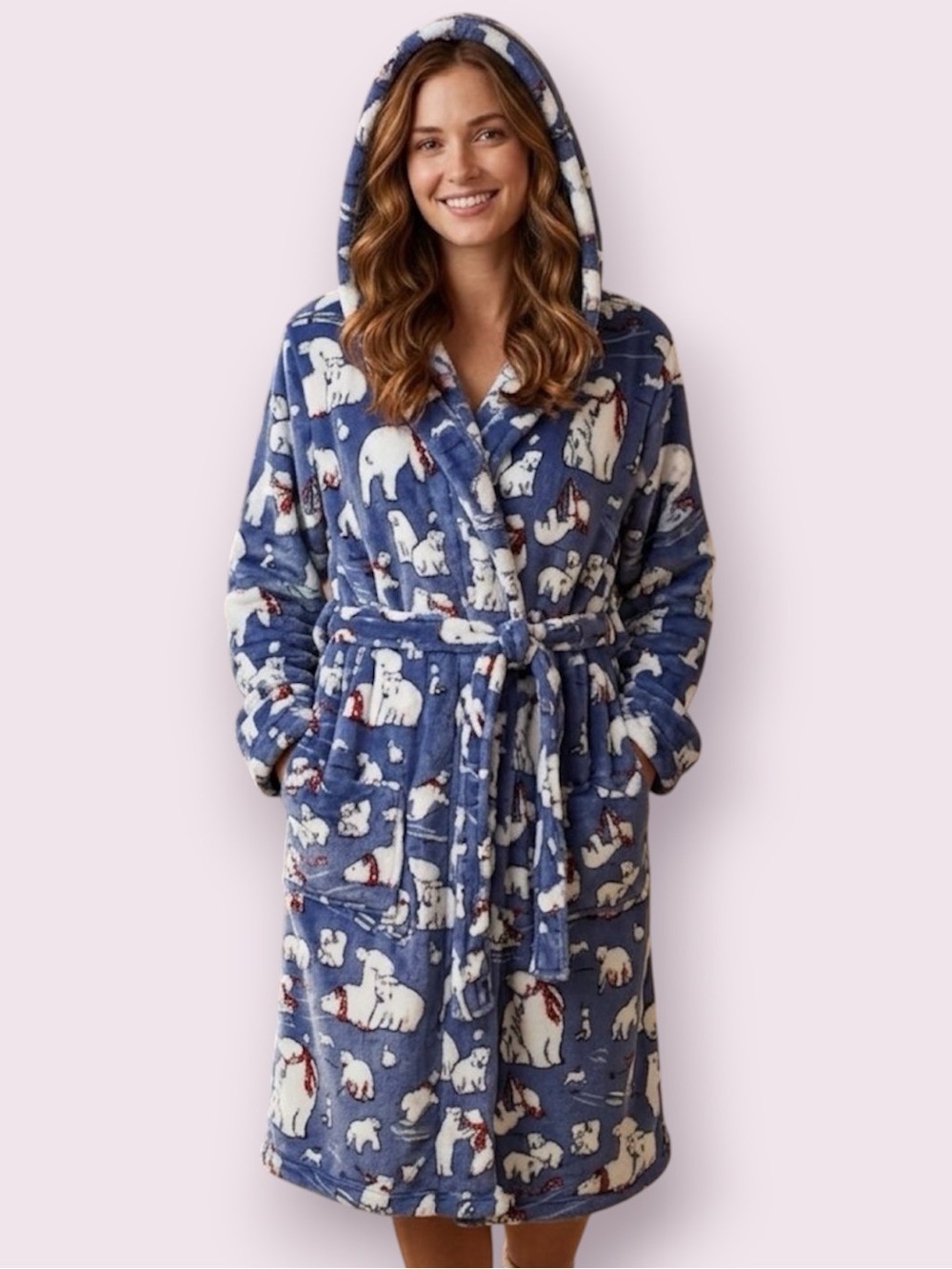 Vera Bradley Polar Bear Print Plush Hooded Bathrobe Blue White Size L/XL